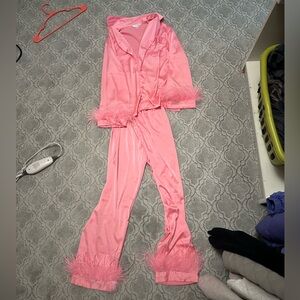 Satin Pink Pajama Set with Feathers from Bon Viviann